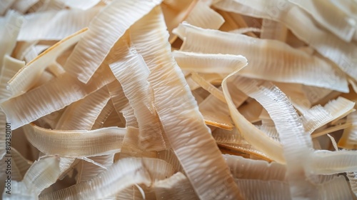 A very close view of dried coconut strips. photo