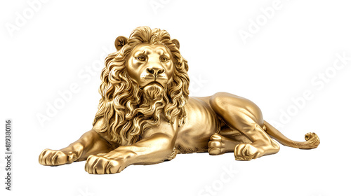 A statue of a lion in literature  painted gold  sits and protects from danger isolated on white background. 