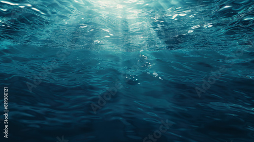 Underwater background with sun rays shining through the water surface. Dark blue ocean floor with ripples and waves