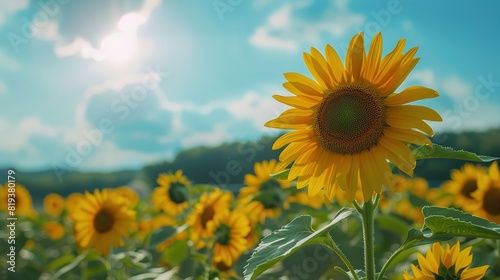 Sunflower on field with beautiful in summer at the blue sky.