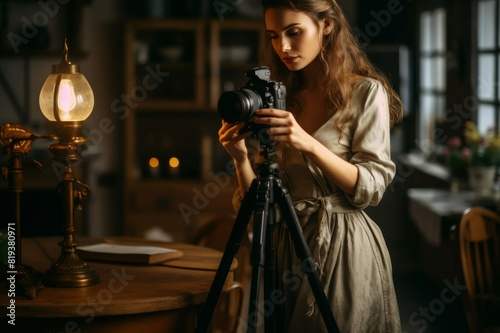 Young female photographer seting up her camera Female photographer getting ready for photo shooting photo