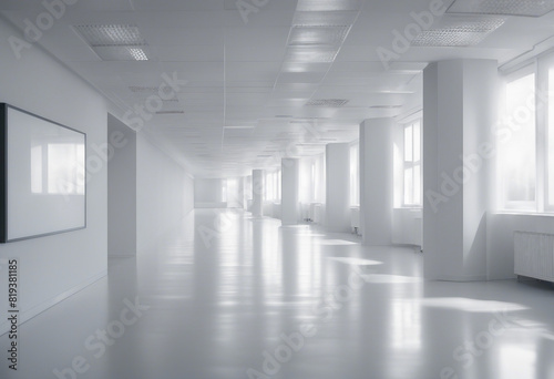 Empty white office hall with posters