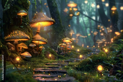 a fantasy forest with glowing mushrooms and moss, green tones, cute, cartoon style. photo