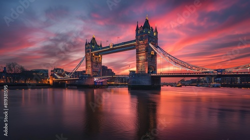 The lights of the iconic Tower Bridge come on as the sun sets over the Thames in London, England