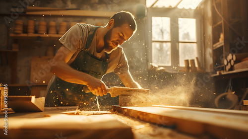 A skilled carpenter working diligently in a sunlit workshop. The carpenter is sanding a piece of wood on a workbench, with sawdust particles suspended in the golden afternoon light photo