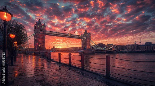 The lights of the iconic Tower Bridge come on as the sun sets over the Thames in London, England