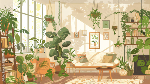A cozy, eco-friendly home interior with elements like wooden furniture, indoor plants, and natural light. The scene should include a person or a family engaging in sustainable practices, such as recyc