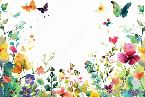 A whimsical watercolor illustration of colorful flowers and butterflies  with a white background.