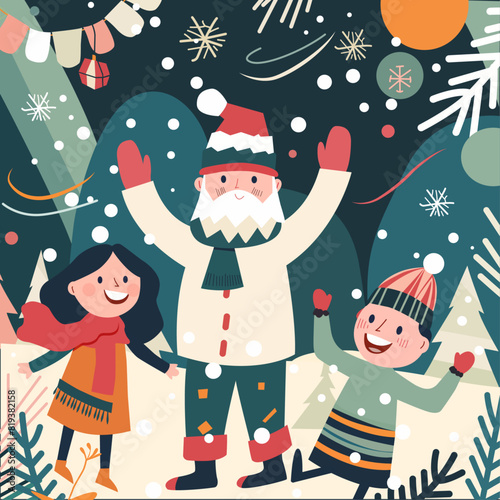 christmas card santa claus and kids having fun