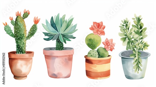 Watercolor painting of a cactus in a pot on a white background