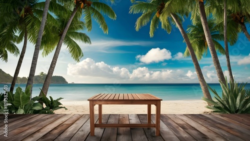 wooden table with palm leaves and a blurred background of the sea and sky at a tropical beach, caribbean coast © yisby