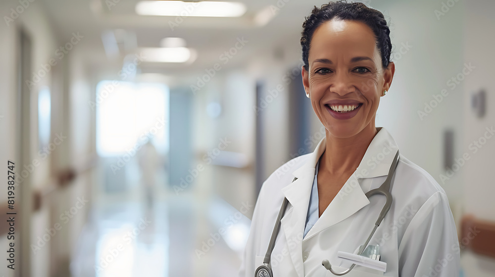 A professional doctor smiling at the camera, exuding confidence and kindness. The doctor is in a state-of-the-art hospital corridor with clean lines, modern design A professional doctor smiling at the camera, exuding confidence and kindness. The doctor is in a state-of-the-art hospital corridor with clean lines, modern design