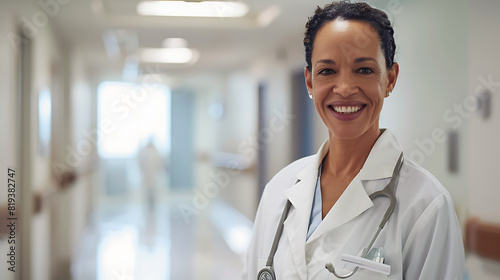 A professional doctor smiling at the camera, exuding confidence and kindness. The doctor is in a state-of-the-art hospital corridor with clean lines, modern design