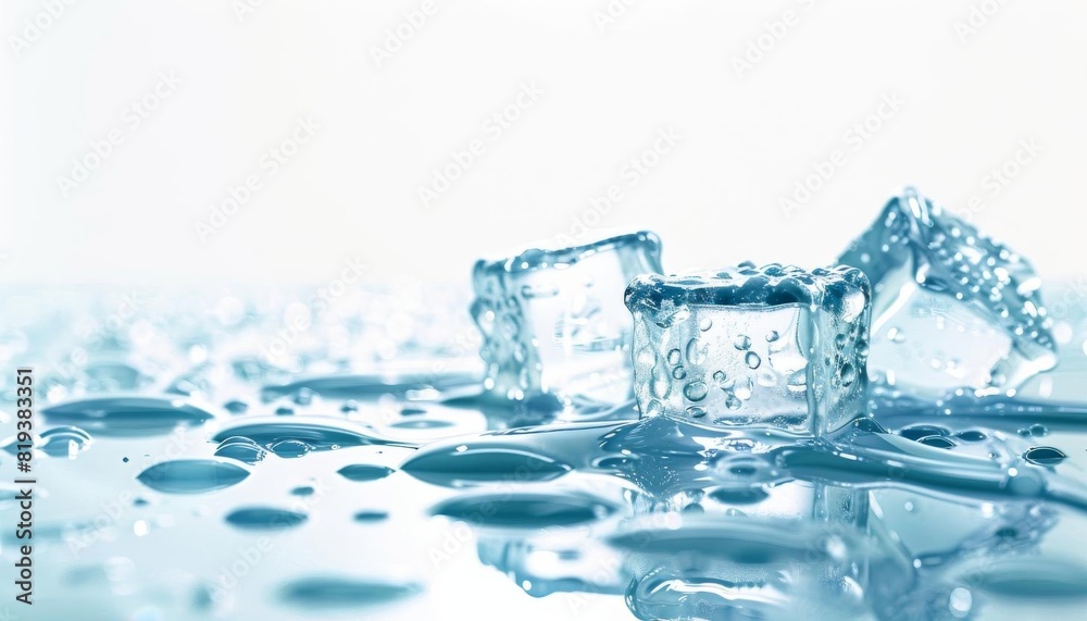 Clear ice cubes on a smooth surface with water droplets and a light background. Clear ice cubes on a smooth surface with water droplets and a light background.