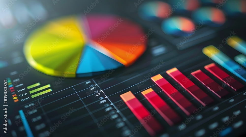 Analytical Data Dashboard with Colorful Graphs and Charts Showing Business Performance and Financial Trends Analytical Data Dashboard with Colorful Graphs and Charts Showing Business Performance and Financial Trends