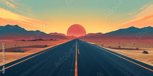 An empty desert road leading into the distance, with mountains in the background and sunset sky.