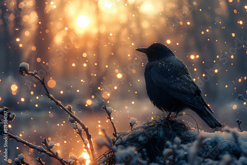 Silhouette of a bird in a snowy forest at sunset.

Enchanting image of a bird silhouetted against a snowy forest at sunset, with glowing light and snowflakes, perfect for nature themes, winter scenes, photo