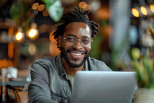 Smiling man working on a laptop in a cozy cafe.Image of a smiling man using a laptop in a warmly lit, cozy cafe, perfect for themes of remote work, modern lifestyle, and casual business environments
