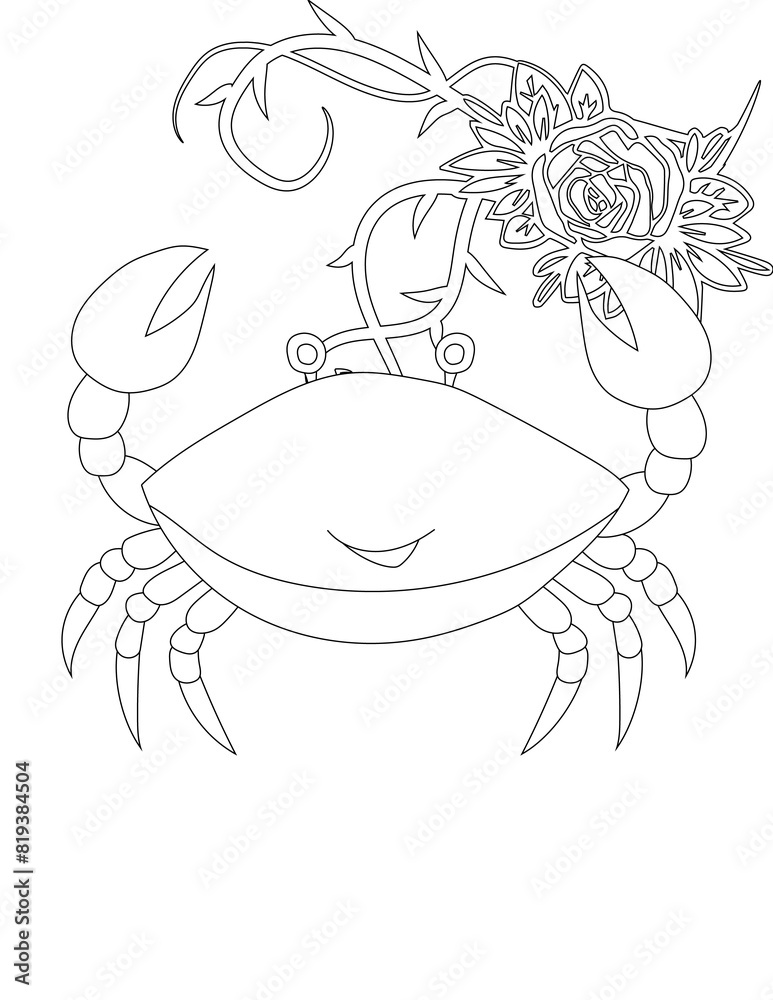 Fototapeta premium Crab and A Floral Vine Coloring Page. Printable Coloring Worksheet for Adults and Kids. Educational Resources for School and Preschool.