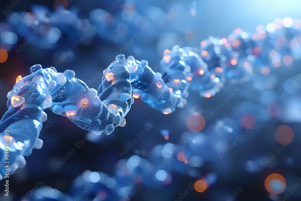 Futuristic DNA strand with glowing elements.
Close-up of a futuristic DNA strand with glowing elements, representing biotechnology, genetics, and scientific innovation, perfect for tech-related proje Futuristic DNA strand with glowing elements.
Close-up of a futuristic DNA strand with glowing elements, representing biotechnology, genetics, and scientific innovation, perfect for tech-related proje