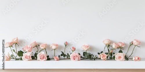 A row of pink roses beneath a white minimalist background © huiying