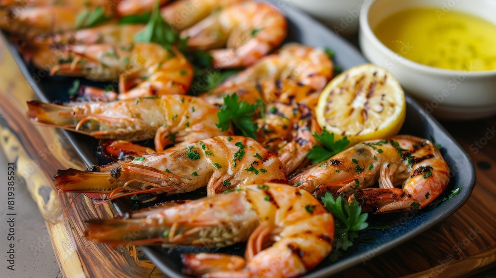 A beautifully arranged dish of grilled prawns, garnished with parsley and served with a zesty lemon dipping sauce.