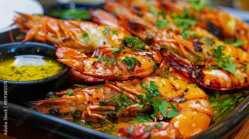 A beautifully arranged dish of grilled prawns, garnished with parsley and served with a zesty lemon dipping sauce. A beautifully arranged dish of grilled prawns, garnished with parsley and served with a zesty lemon dipping sauce.