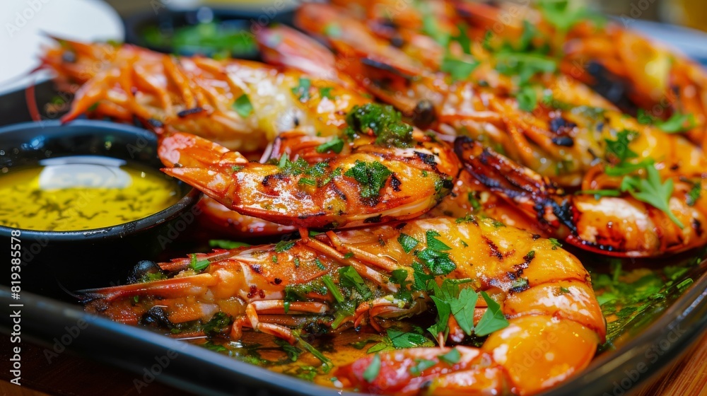 A beautifully arranged dish of grilled prawns, garnished with parsley and served with a zesty lemon dipping sauce.