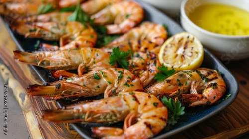 A beautifully arranged dish of grilled prawns  garnished with parsley and served with a zesty lemon dipping sauce.
