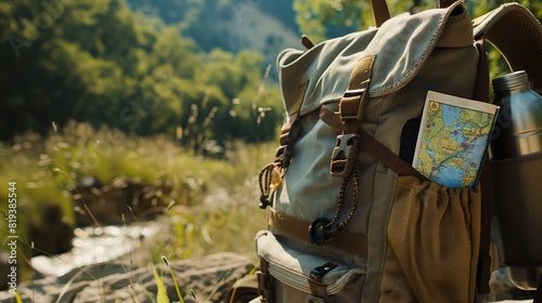 Close-up of a backpack with a water bottle and map sticking out of the side pockets  nature in the background