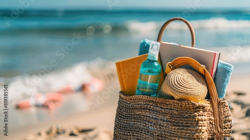 Close-up of a beach bag with essentials like sunscreen, a book, and a water bottle, with sand and sea in view photo