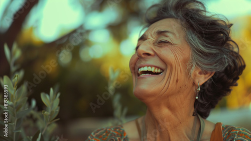 Older Woman Smiling and Looking Up at Sky