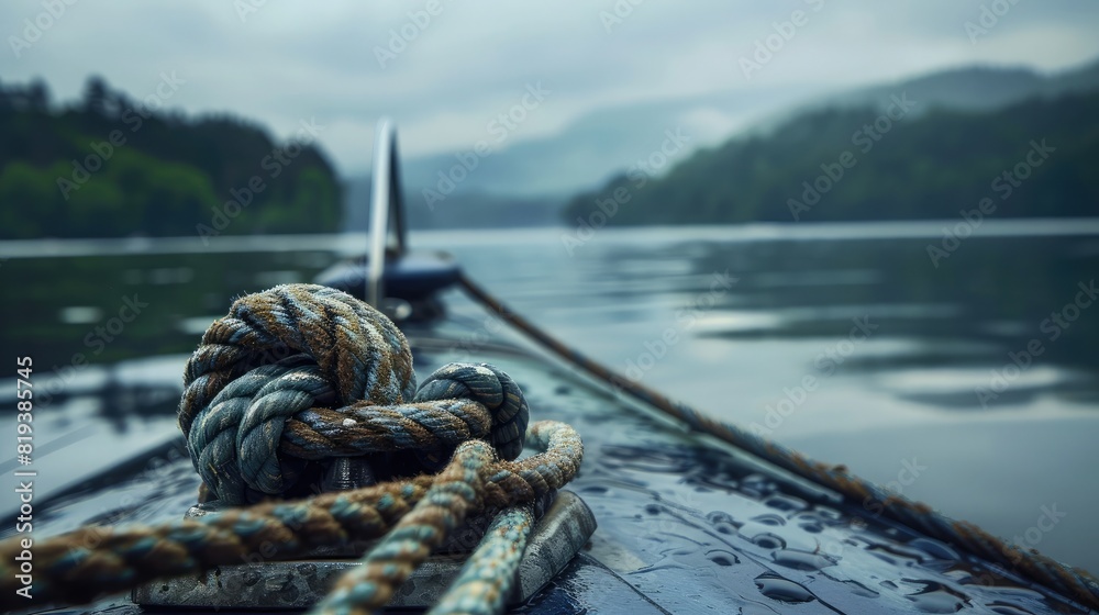 Obraz premium Close-up of a boat cleat with a tied rope, with the calm lake water in the background
