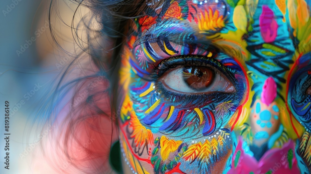 Close-up of a face painted with vibrant designs, with park attractions in the background