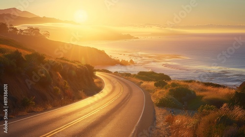 A coastal road during golden hour, with the sun low in the sky, casting a warm glow over the water and landscape.