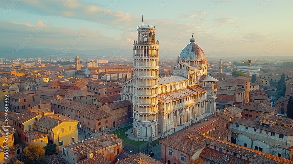 Aerial view of the Leaning Tower of Pisa and nearby buildings