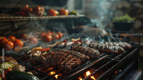 Close-up of a grill loaded with assorted meats and veggies, flames and smoke adding to the ambiance