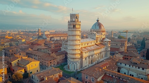 Aerial view of the Leaning Tower of Pisa and nearby buildings