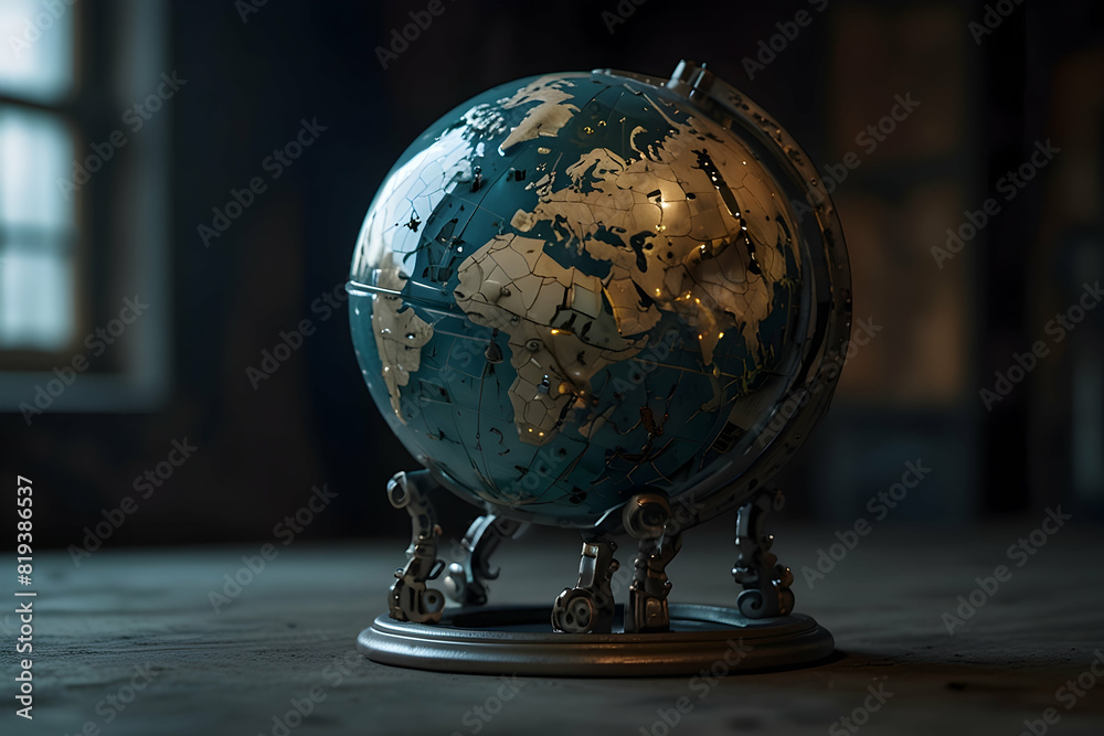 photograph of a globe-inspired, otherworldly creature, showcasing decay with cyberpunk porcelain elements and glowing accents, High illustration, 8k image photograph of a globe-inspired, otherworldly creature, showcasing decay with cyberpunk porcelain elements and glowing accents, High illustration, 8k image