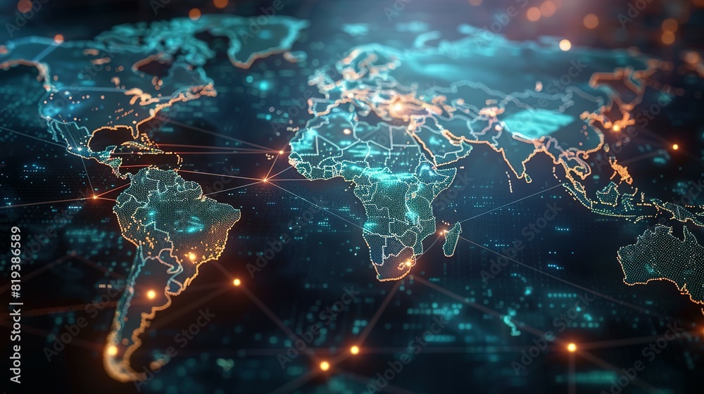 Abstract world map symbolizing global network and connectivity, international data transfer, cyber technology, worldwide business, information exchange, and telecommunication. Abstract world map symbolizing global network and connectivity, international data transfer, cyber technology, worldwide business, information exchange, and telecommunication.