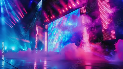 A dynamic concert stage background with vibrant lights, smoke effects, and a giant LED screen displaying colorful visuals. photo