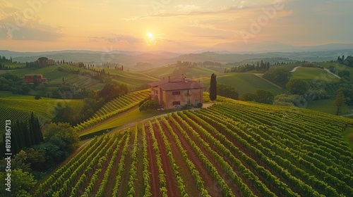 Drone view of the rolling hills and vineyards in Tuscany