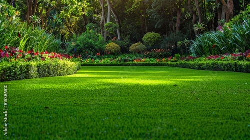 A lush, green lawn with perfectly manicured grass, set against a backdrop of colorful flower beds and trees. © chanidapa