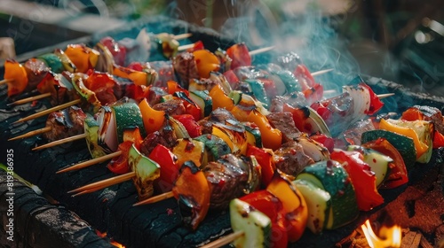 Close-up of a skewer loaded with colorful vegetables and meat cooking on a barbecue