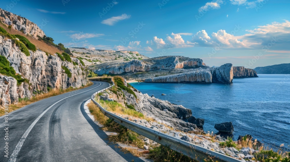 A picturesque road along the coastline, with rocky cliffs on one side and the open sea on the other, under a bright blue sky.