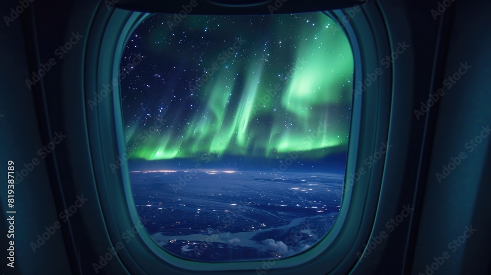 The window of an airplane a frame for the shimmering auroras in the night sky.