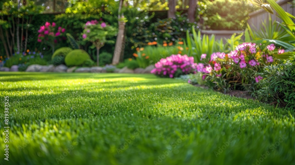 custom made wallpaper toronto digitalA pristine lawn in a residential garden, with bright green grass and a backdrop of flowering plants and trees.