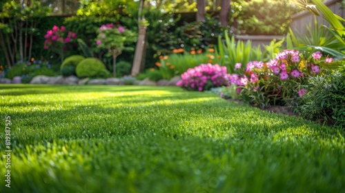 Wallpaper Mural A pristine lawn in a residential garden, with bright green grass and a backdrop of flowering plants and trees. Torontodigital.ca