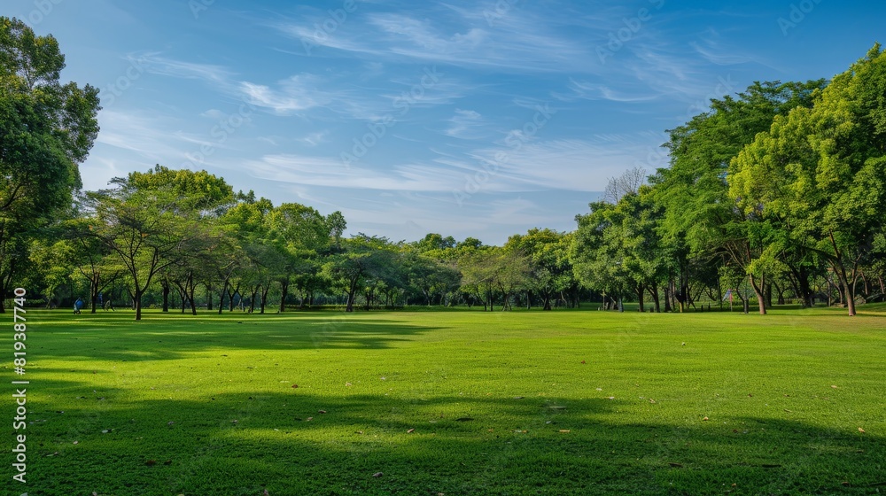 A scenic park with a wide expanse of green grass, ideal for relaxation, picnics, and outdoor activities.