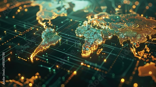 Abstract world map symbolizing global network and connectivity, international data transfer, cyber technology, worldwide business, information exchange, and telecommunication.